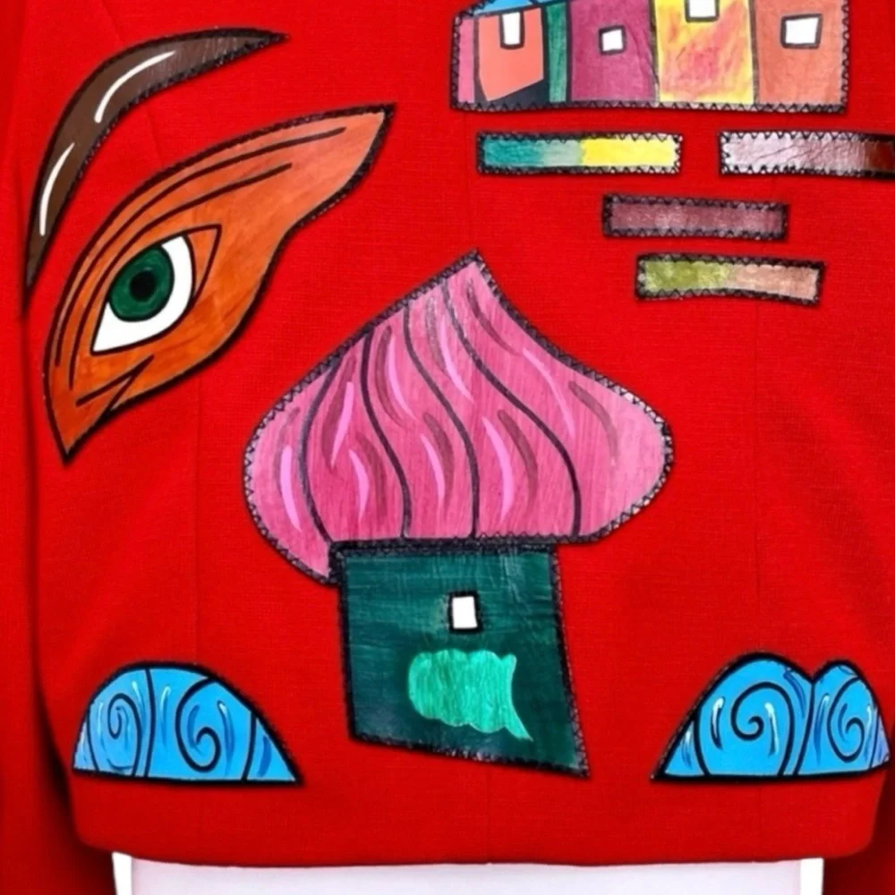 Pikamo Vintage 90s Statement Jacket Art To Wear Leather Trim Wool Blend Red XL - Picture 7 of 8